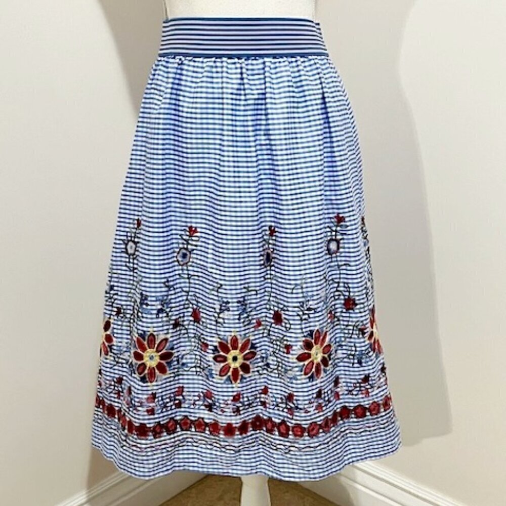 Magic Blue & White Gingham Plaid Skirt w/ Floral Embroidery